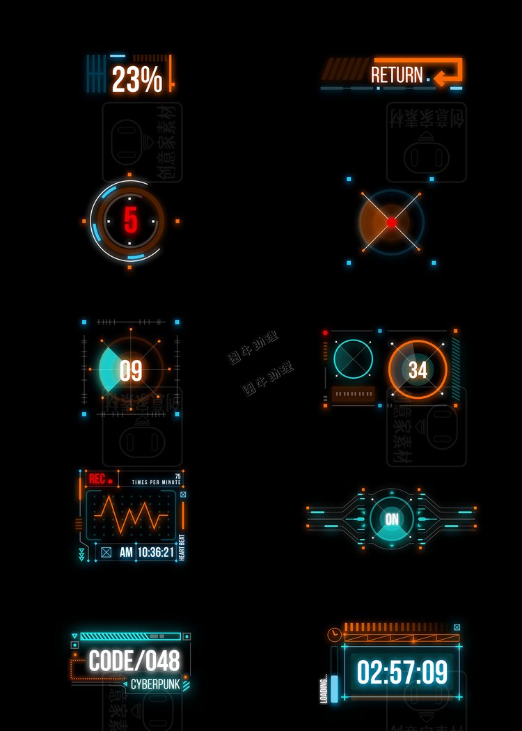赛博朋克风格未来科技HUD全息荧光虚拟元素图案PSD海报UI设计素材3.jpg